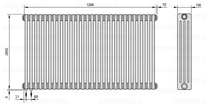 Схема (чертеж) Радиатор Zehnder Charleston 4280/28 №3370 Белый глянцевый RAL 9016